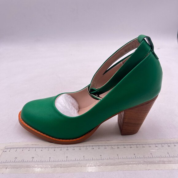 YDN Green Block Heel Pumps Round Toe Low Stacked Heels Ankle Strap Daily Shoes - Picture 2 of 8